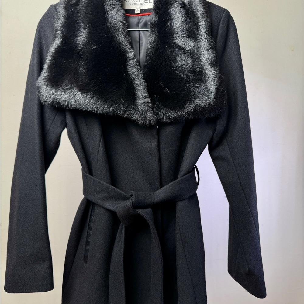 RACHEL Rachel Roy Black Coat with Faux Fur Trim collar